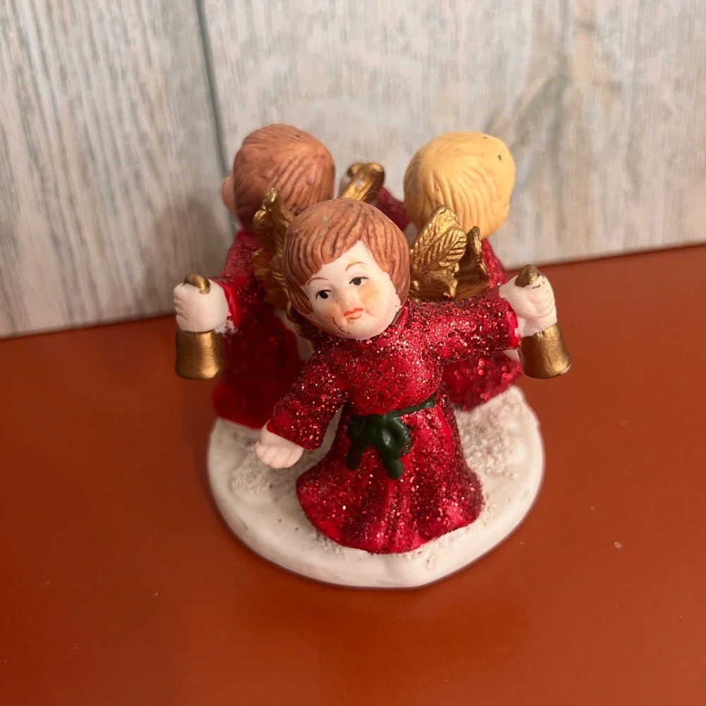 Vintage Ceramic Christmas Angel Trio Candle Holder Red Glitter Cherubs Bells